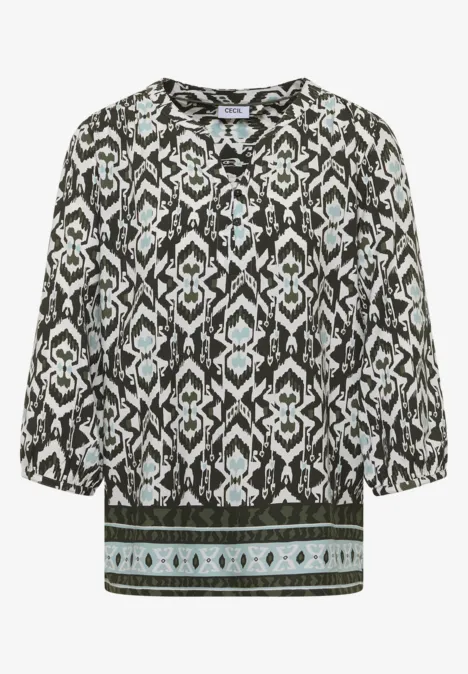 3/4-mouwen blouse met grafisch patroon khaki