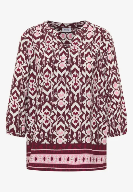 Damesblouse met 3/4-mouwen en bordeaux-witte geometrische etnoprint