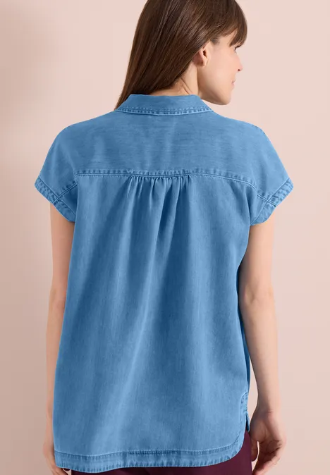 Blouse met overhangende schouders in denimlook mid blue wash