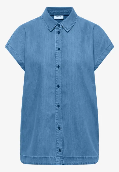 Blouse met overhangende schouders in denimlook mid blue wash