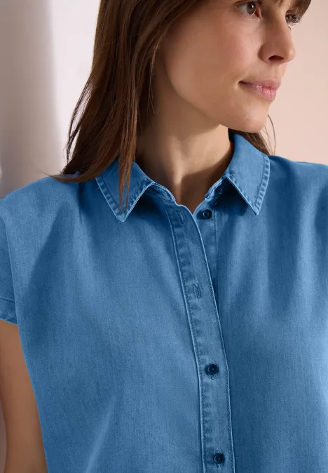 Blouse met overhangende schouders in denimlook mid blue wash