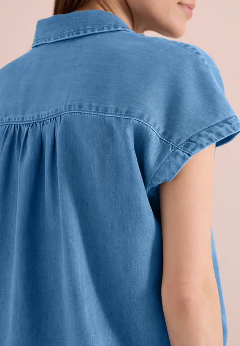 Blouse met overhangende schouders in denimlook mid blue wash