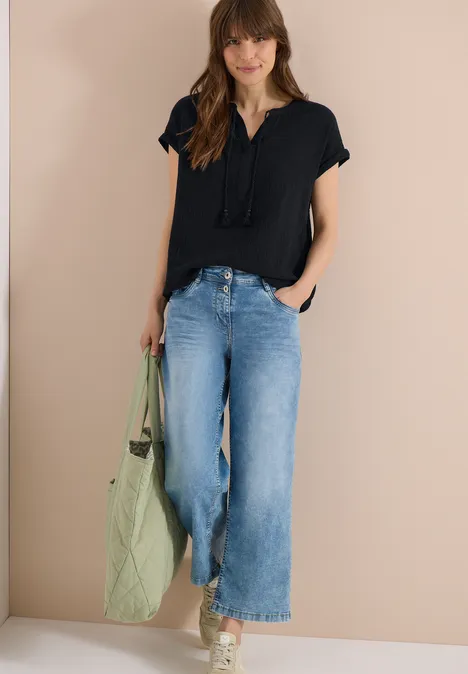 Bluse mit Split Neck aus Musselinstoff Black