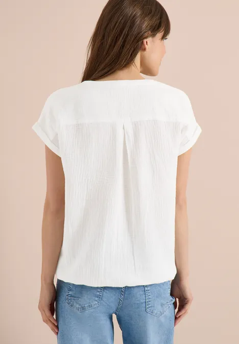 Bluse mit Split Neck aus Musselinstoff vanilla white