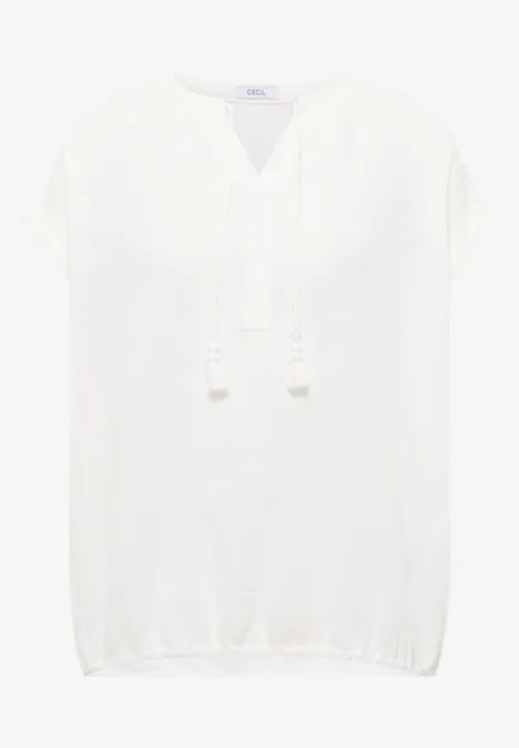 Bluse mit Split Neck aus Musselinstoff vanilla white