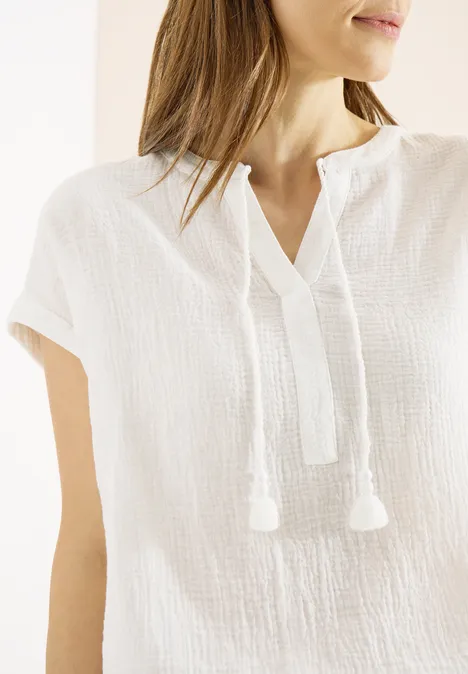 Bluse mit Split Neck aus Musselinstoff vanilla white