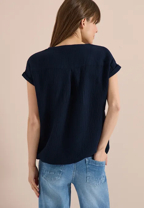 Bluse mit Split Neck aus Musselinstoff universal blue