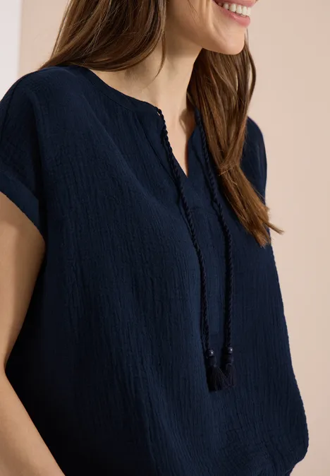 Bluse mit Split Neck aus Musselinstoff universal blue
