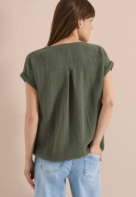 Bluse mit Split Neck aus Musselinstoff khaki