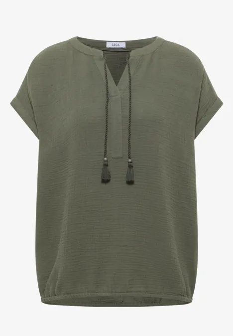Bluse mit Split Neck aus Musselinstoff khaki
