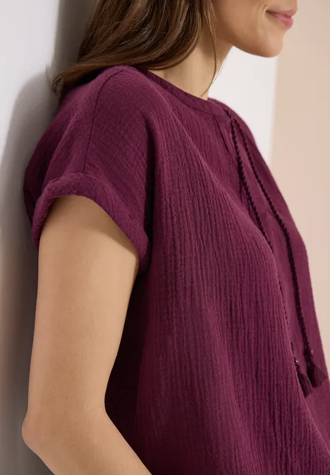 Bluse mit Split Neck aus Musselinstoff sweet grape red