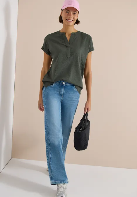 Blouse à épaules tombantes en seersucker khaki Blouse à épaules tombantes en seersucker khaki