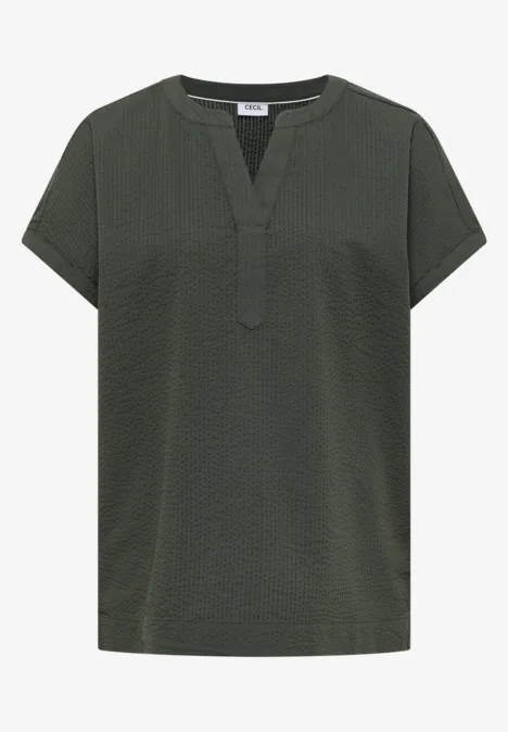 Blouse à épaules tombantes en seersucker khaki Blouse à épaules tombantes en seersucker khaki