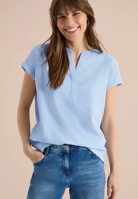 Bluse mit Split Neck in Seersuckerqualität blouse blue