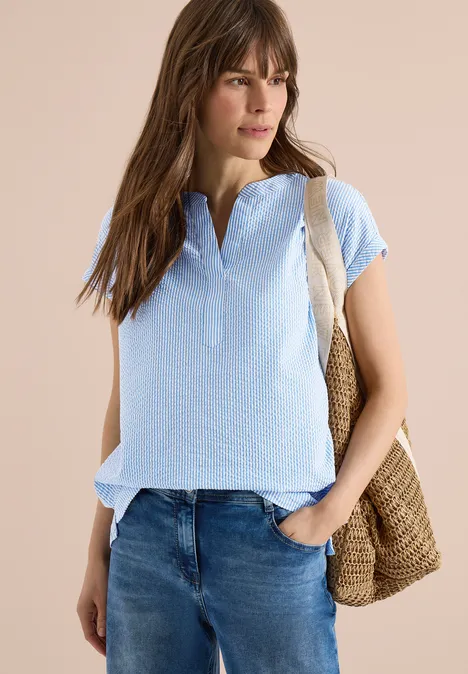 Bluse mit Split Neck in Seersuckerqualität blouse blue