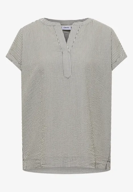 Bluse mit Split Neck in Seersuckerqualität khaki