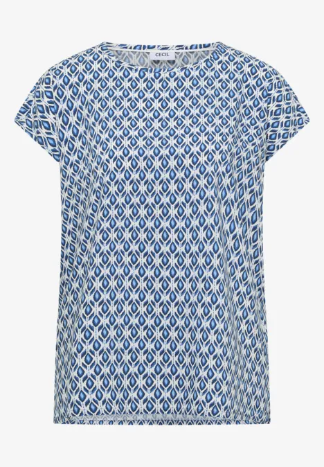 Dames T-shirt met korte mouwen, blauw-wit geometrisch patroon, losse pasvorm.