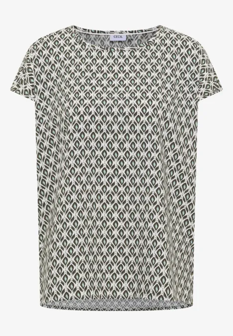 T-shirt blanc à manches courtes avec motif losanges vert.