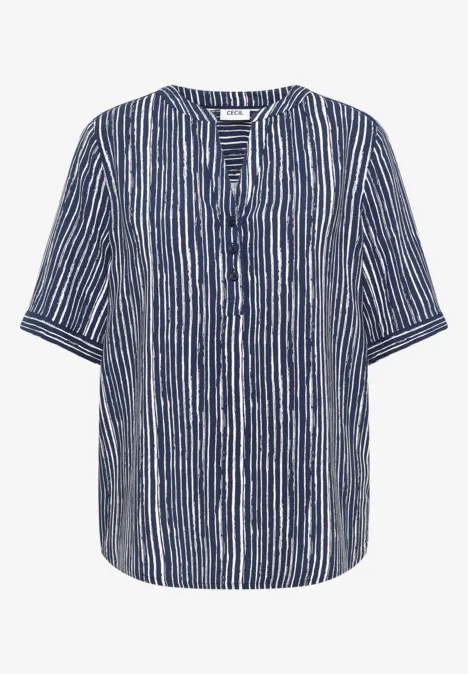Blouse met blauw-witte verticale strepen, korte mouwen en knoopsluiting