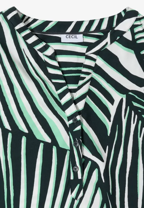Zwart-wit-groen top met tropische zebraprint en V-hals