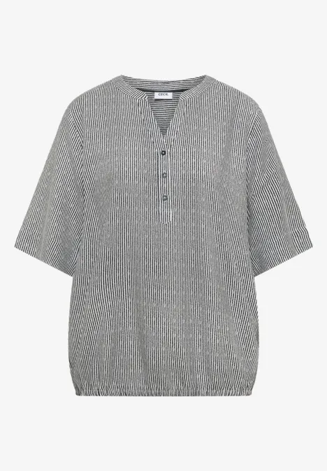 Graue Damenbluse mit dezentem Muster, Halbarm, Knopfleiste und elastischem Saum