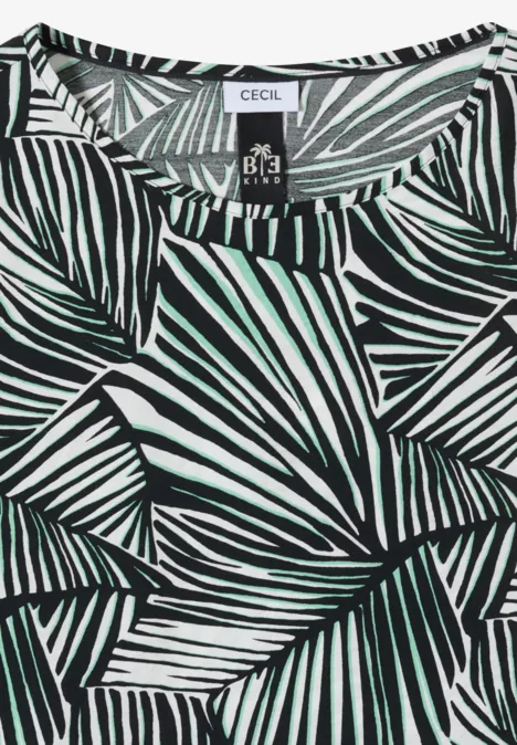 Lockeres T-Shirt mit abstraktem Palmblattmuster in Mintgrün, Schwarz und Weiß.
