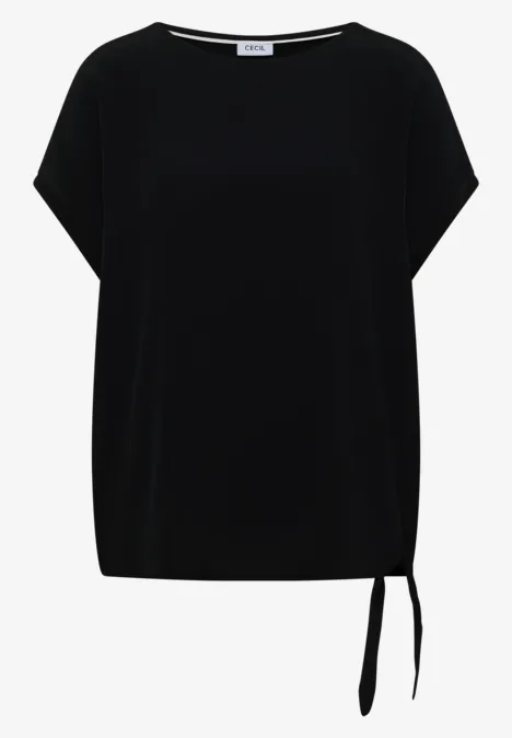 Blouse avec col rond et détail de nœuds Black T-shirt femme noir à manches chauve-souris courtes, avec lien latéral.