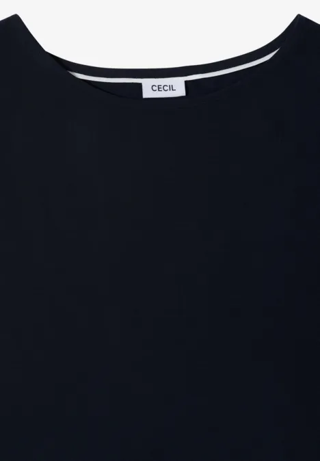 Blouse avec col rond et détail de nœuds universal blue T-shirt noir uni pour femme, encolure ronde et petite étiquette CECIL à la poitrine