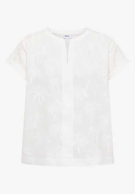 Witte blouse met korte mouwen, subtiel palmbladpatroon en knoopsluiting aan de voorkant.