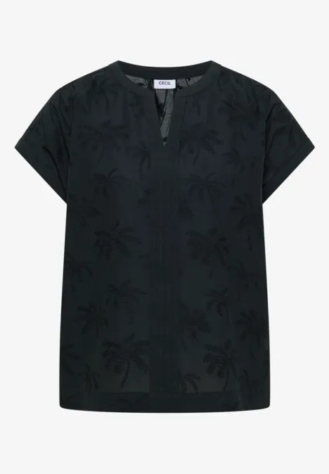Zwarte blouse met korte mouwen, ronde hals en subtiel ton-sur-ton palmbladpatroon.