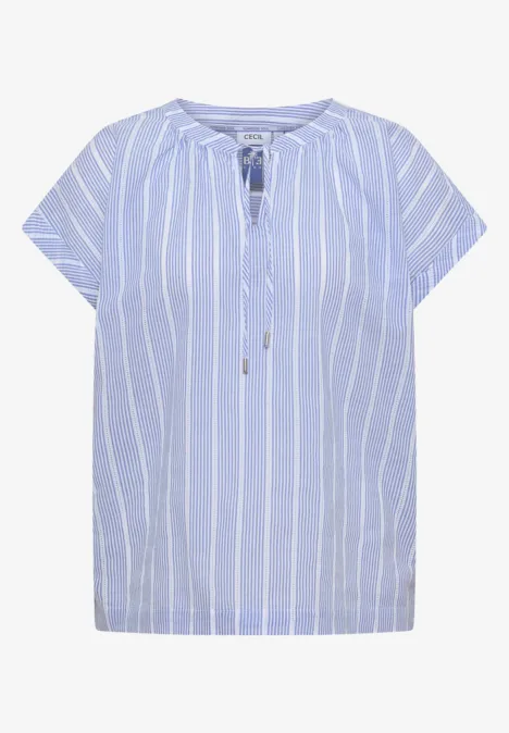 Hellblau-weiß gestreifte Kurzarm-Bluse mit Rundhalsausschnitt und Knopfleiste