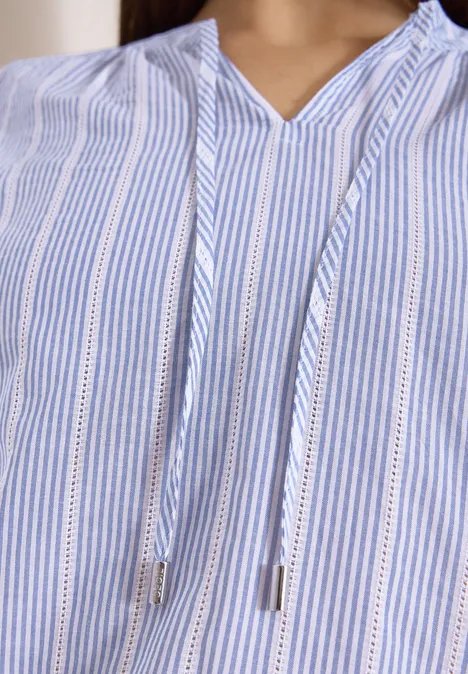 Leichtes blau-weiß gestreiftes Damenblusentop mit V-Ausschnitt und Kordelzügen