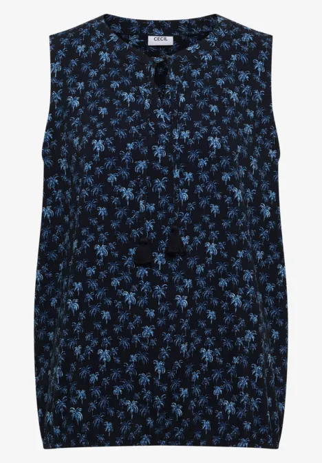 Mouwloos donkerblauw topje met blauw bloemenprint en bindkoord met kwastjes.