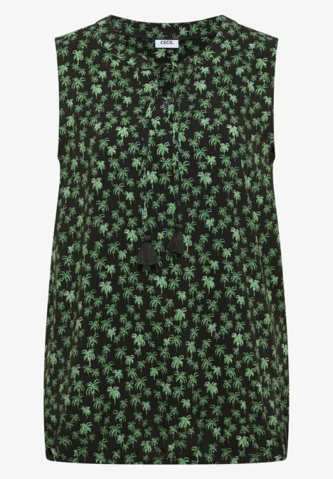 Ärmelloses schwarzes Top mit grünem Blumenmuster und V-Ausschnitt mit Kordel