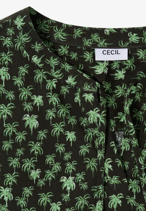 Schwarzes Kurzarmshirt mit grünem Palmenprint und V-Ausschnitt, Marke CECIL