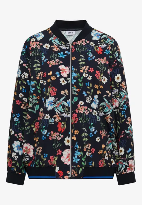 Schwarze Bomberjacke mit buntem Blumenmuster, Reißverschluss und elastischen Bündchen.