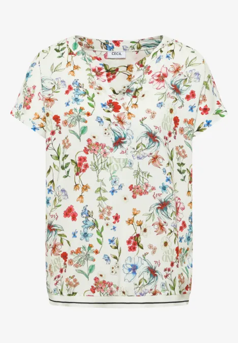 Witte damesblouse met korte mouwen en kleurrijke bloemenprint over het hele oppervlak.