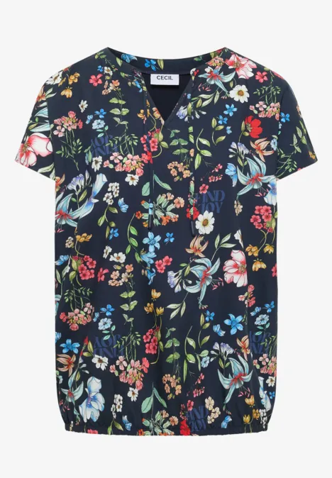 Dunkelblaue Bluse mit kurzen Ärmeln und farbenfrohem Blumenmuster, V-Ausschnitt und lockerem Schnitt.