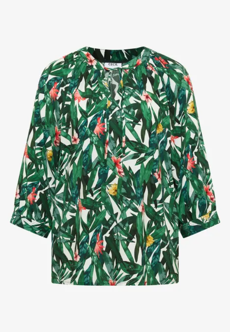 3/4-Arm Tunika mit Split Neck und Print khaki Leichtes Damenshirt mit buntem Blatt- und Blumenmuster in Grün- und Rottönen, 3/4-Ärmel, legerer Schnitt.