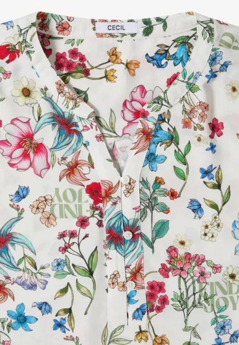Weiße Bluse mit farbenfrohem Blumenmuster und Knopfleiste