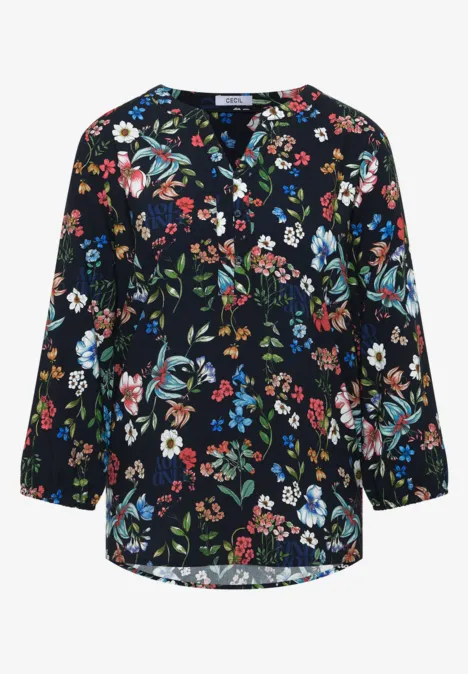 3/4-Arm Bluse mit Split Neck und Print universal blue Ein dunkelblauer, locker geschnittener Blusenoberteil mit buntem Blumenmuster