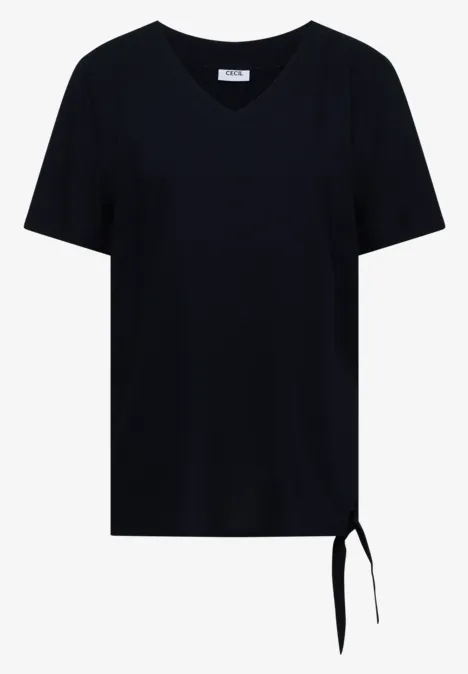 Schwarzes V-Ausschnitt-T-Shirt mit kurzen Ärmeln und seitlicher Schleife.