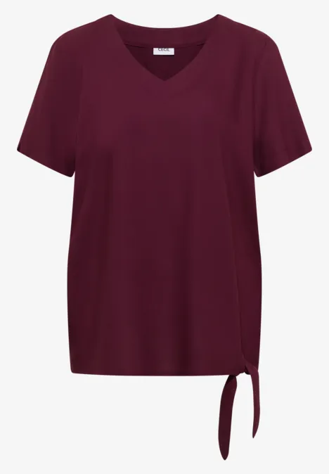 Donkerrood T-shirt met V-hals en zijstrik