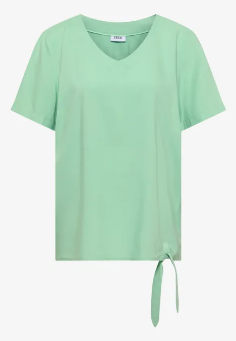 Lichtgroen T-shirt met korte mouwen, V-hals en zijstrikdetail