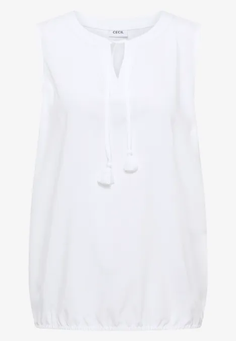 Weißes ärmelloses Top mit Rundhalsausschnitt, V-förmigem Schlüsselloch, Kordelzug und Quasten, gummierter Saum.