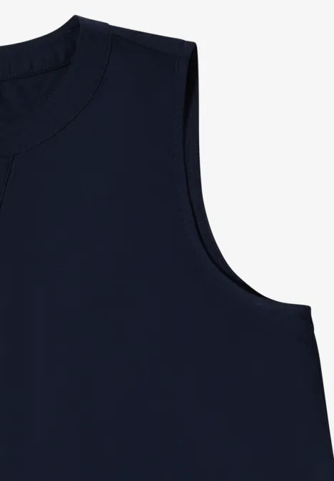 Ein ärmelloses, dunkelblaues Tanktop mit rundem Ausschnitt.