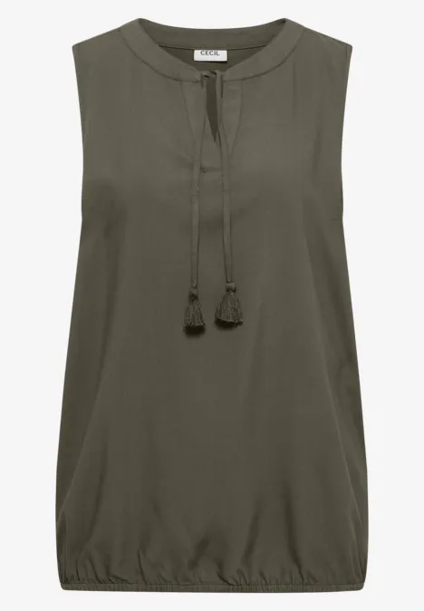 Ärmelloses, olivgrünes Top mit rundem Halsausschnitt und Quastenbändern.
