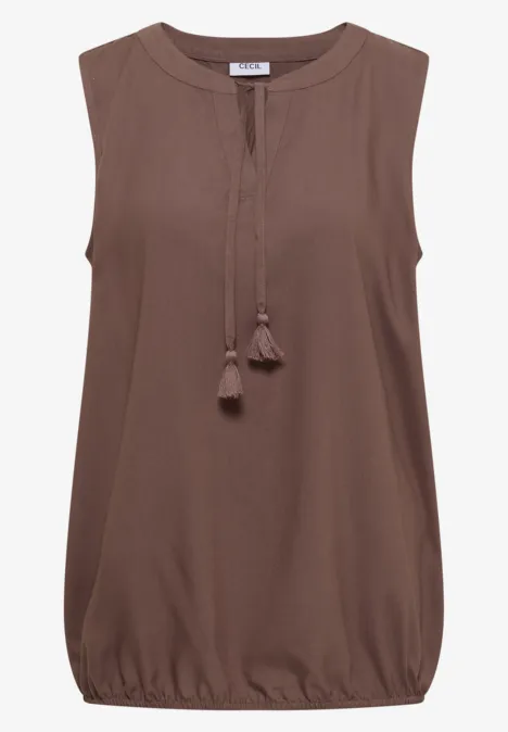 Braunes ärmelloses Top mit Quasten am Rundhalsausschnitt und elastischem Saum.
