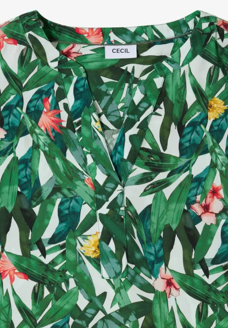 Groene damesblouse met tropische bladeren- en bloemenprint, V-hals, merk CECIL.