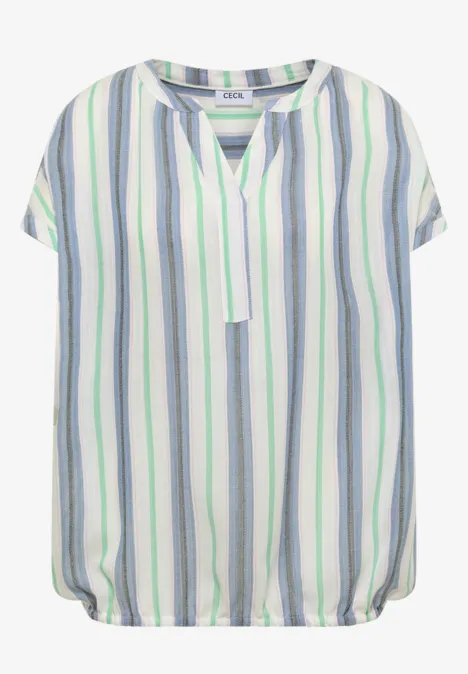 Kurzarm Bluse mit Split Neck und Streifen vanilla white Bluse mit kurzen Ärmeln, V-Ausschnitt und elastischem Bund, weiß-blau-grün gestreift.